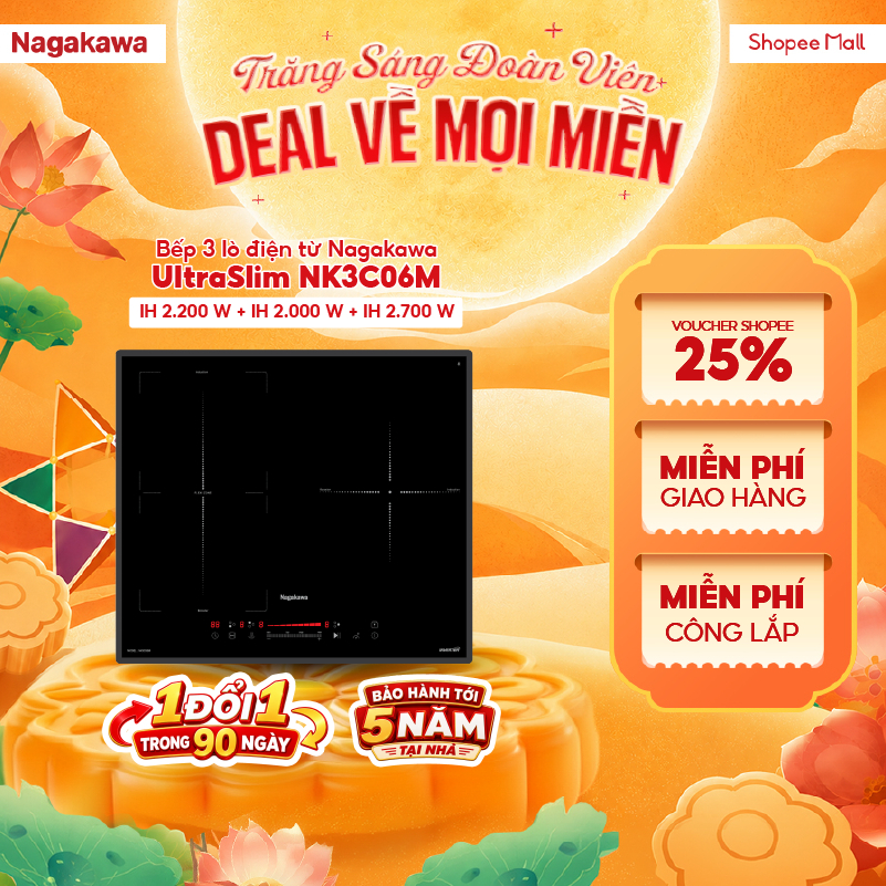 Bếp từ 3 lò Nagakawa UltraSlim NK3C06M, made in Malaysia, bảo hành 5 năm