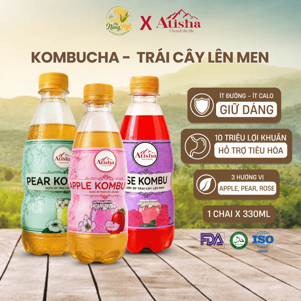 Kombucha Atisha 330ml, Trái Cây Lên Men Ít Đường Ít Calo Nhiều Hương Vị