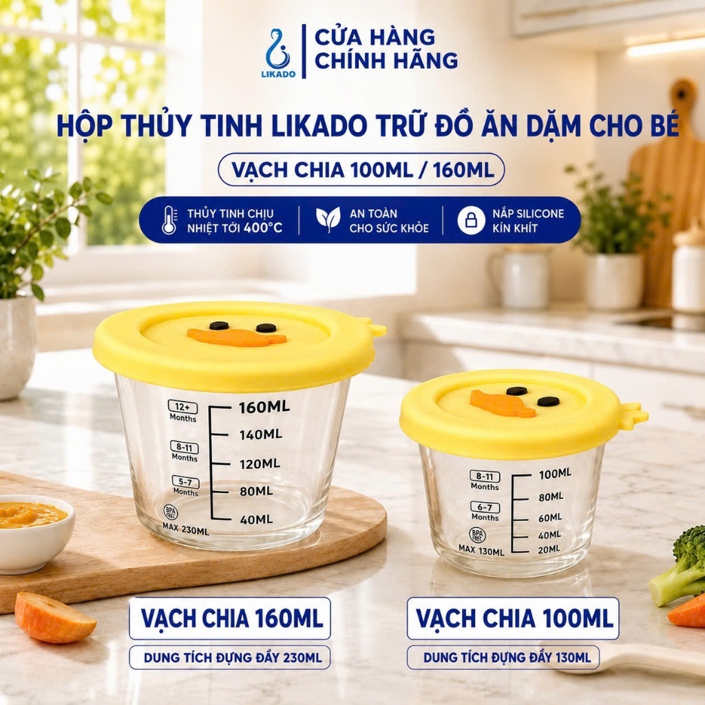 Hộp thủy tinh Likado trữ đồ ăn dặm cho bé có vạch chia 100ml,160ml, nắp silicone