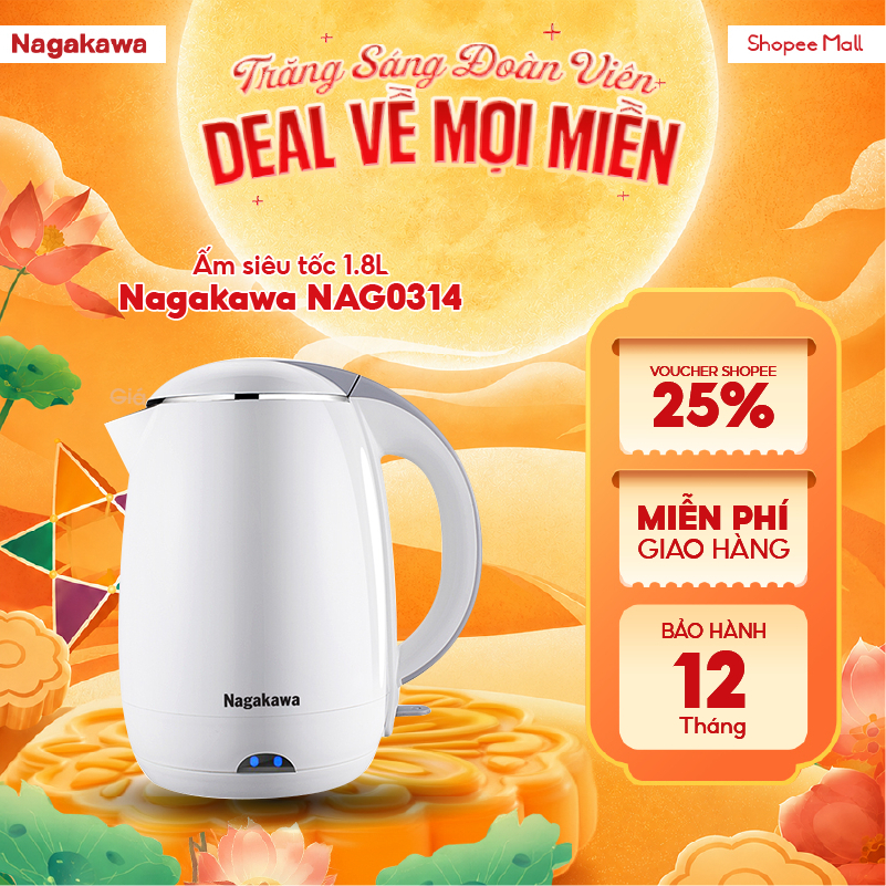 Bình siêu tốc đun nước 1.8L Nagakawa NAG0314 (1800W), sôi nhanh, chức năng chống cạn nước, bảo hành 12 tháng