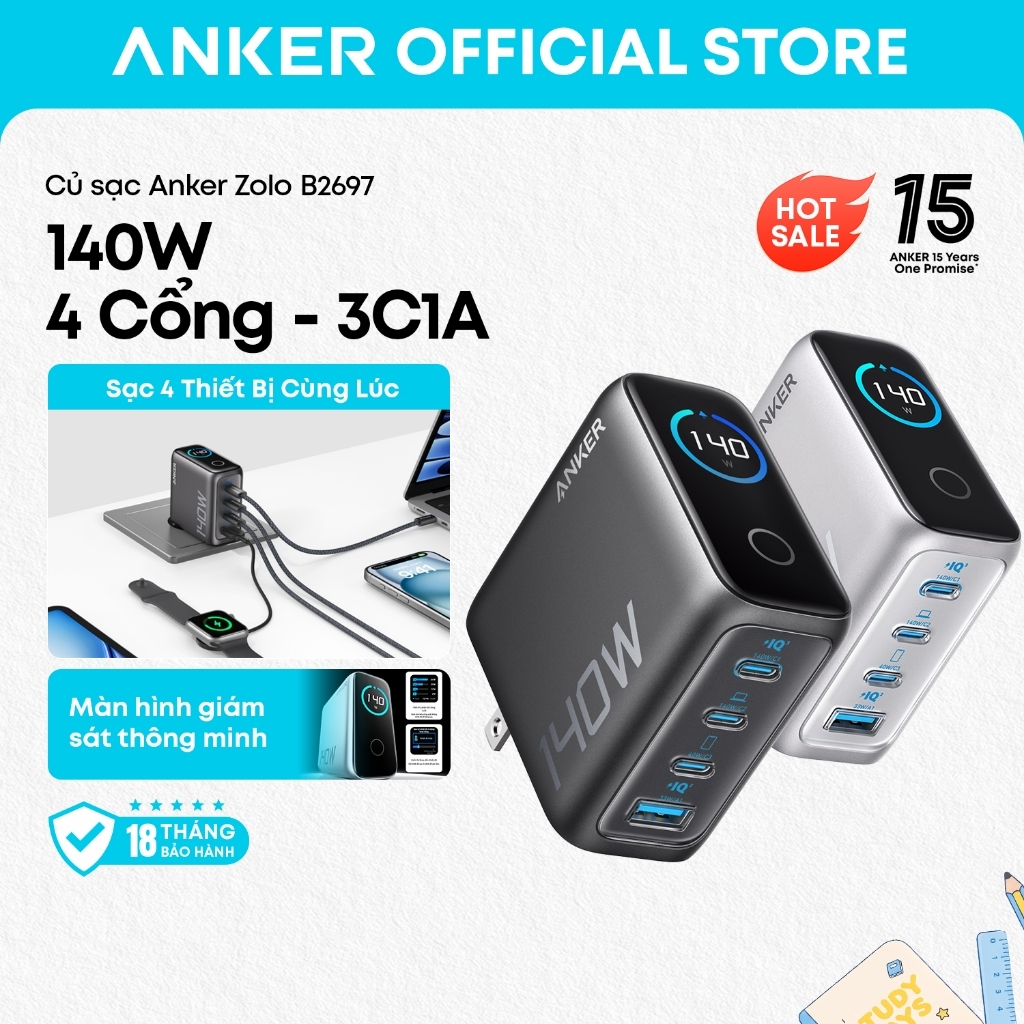 Bộ sạc nhanh Anker Zolo B2697 140W GaN, 4 cổng 3 USB-C và 1 USB-A, sạc cùng lúc 4 thiết bị AVS (IP18)