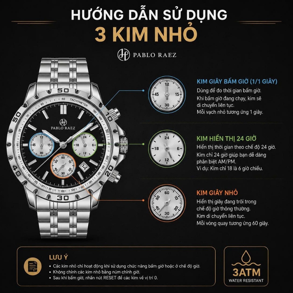 Đồng hồ nam dây thép chính hãng PABLO RAEZ UB176 chạy 6 kim phản quang chống nước 3atm sang trọng 40mm - ảnh khác