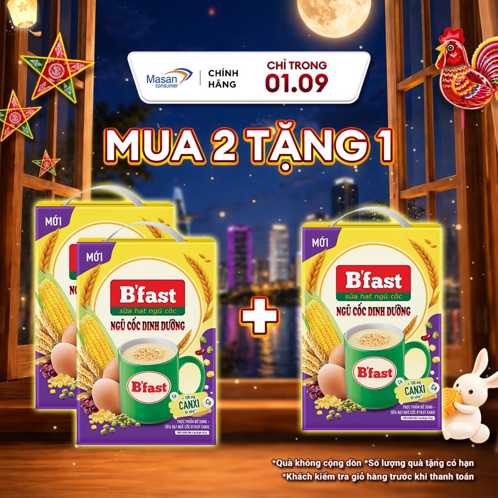 Combo 2 Thực phẩm bổ sung sữa hạt ngũ cốc B’fast Canxi hộp x 40gói x 25gr