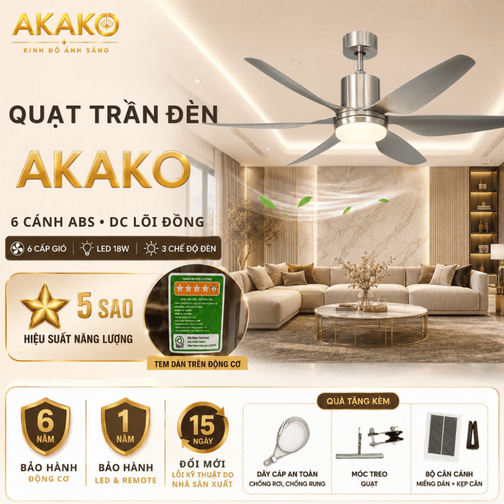 [BẢO HÀNH 6 NĂM] Quạt Trần Đèn Cao Cấp AKAKO 6 Cánh ABS, Sải 1m67, DC Lõi Đồng, 6 Cấp Độ Gió