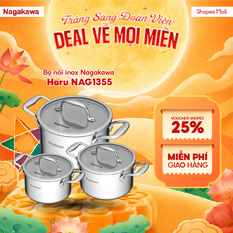Bộ 3 nồi inox 5 lớp Nagakawa Haru NAG1355 16cm, 20cm, 24cm, dùng trên mọi loại bếp, inox 304 an toàn