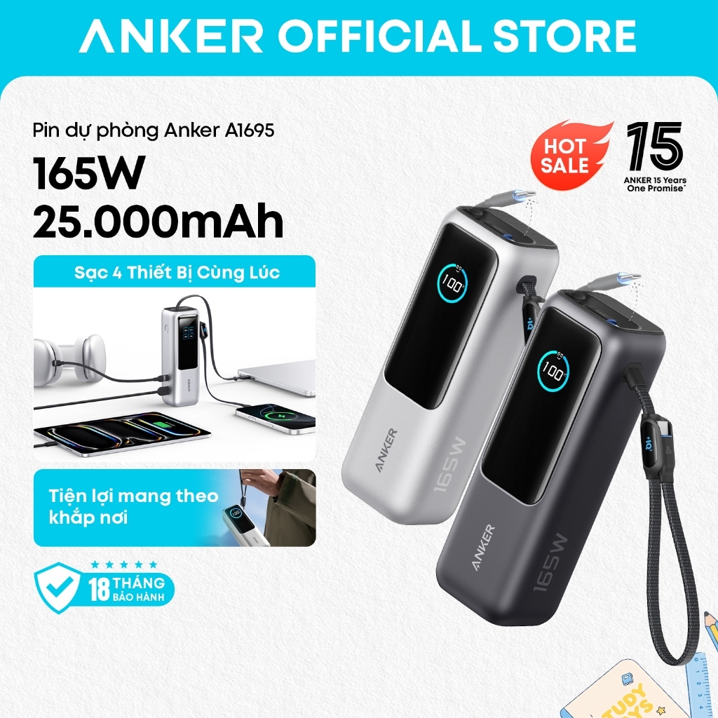 Sạc di động Anker Zolo 25.000mAh | Công suất 165W | Tích hợp 2 cáp USB-C có thể rút gọn | Có màn hình - A1695