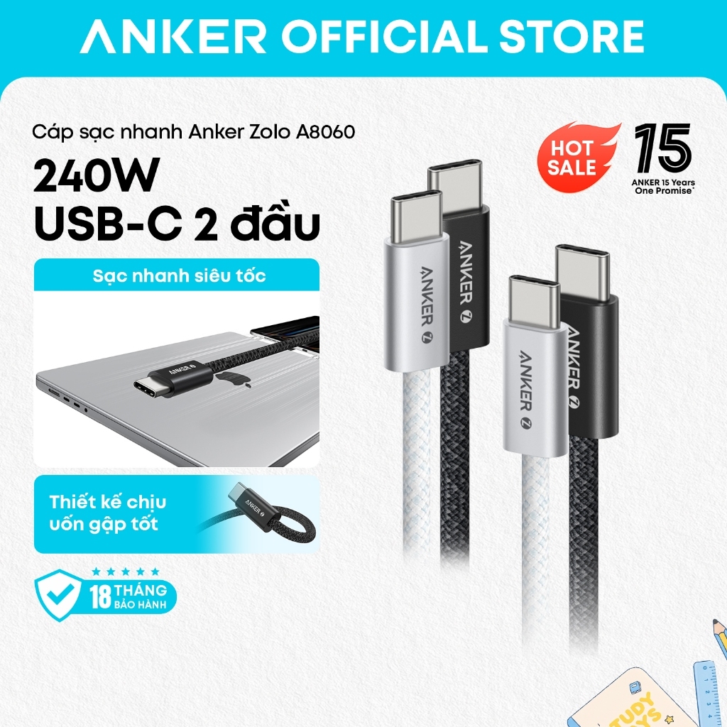 Cáp sạc nhanh Anker Zolo A8060 USB-C sang USB-C, sạc công suất cao tới 240W, chip E-Marker thông minh