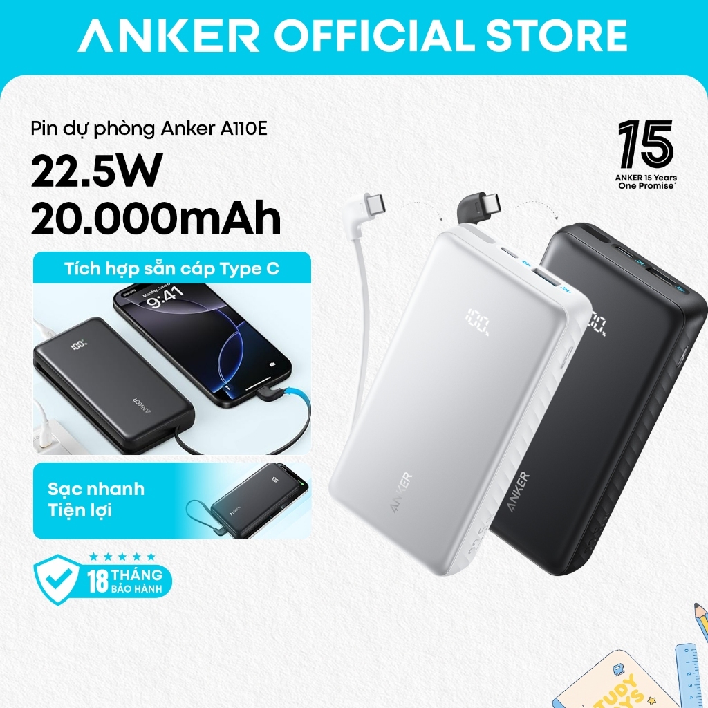 Sạc dự phòng Anker Zolo A110D/A110E 20000mAh, chuẩn 3C Trung Quốc, cáp USB-C tích hợp, sạc nhanh 22.5W | BigBuy360 - bigbuy360.vn