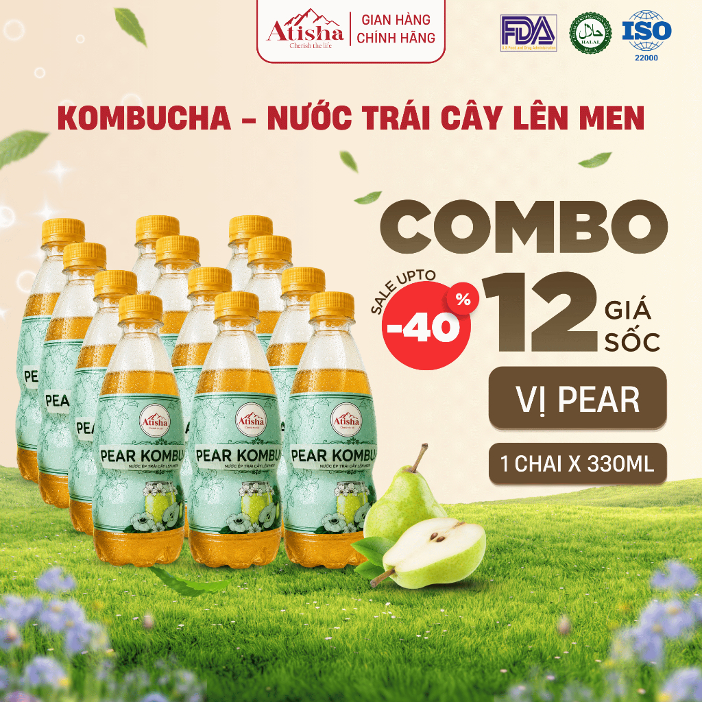 [Combo 12 Chai] Kombucha Atisha 330ml Vị Pear – Nước Ép Trái Cây Tự Nhiên