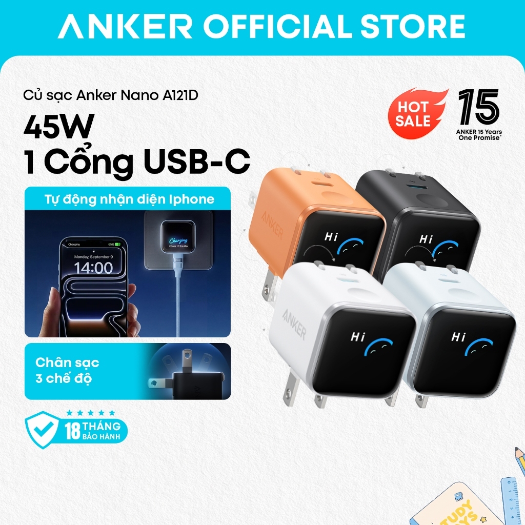 Củ sạc nhanh Anker Nano A121D 45W, thiết kế chân gập, sạc nhanh iPhone 17/16/Samsung A121D