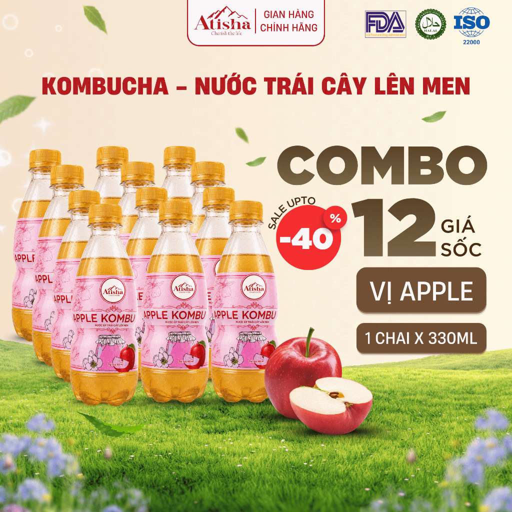 [Combo 12 Chai] Kombucha Atisha Hương Vị Apple - Bổ Sung Lợi Khuẩn Thanh Lọc Cơ Thể Đẹp Da, Giữ Dáng