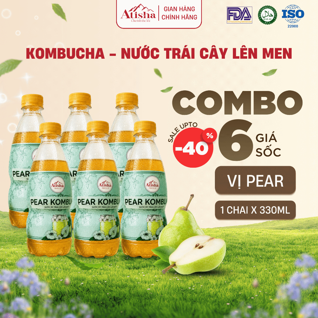 [Combo 6 Chai] Kombucha Atisha 330ml Vị Pear – Nước Ép Trái Cây Tự Nhiên