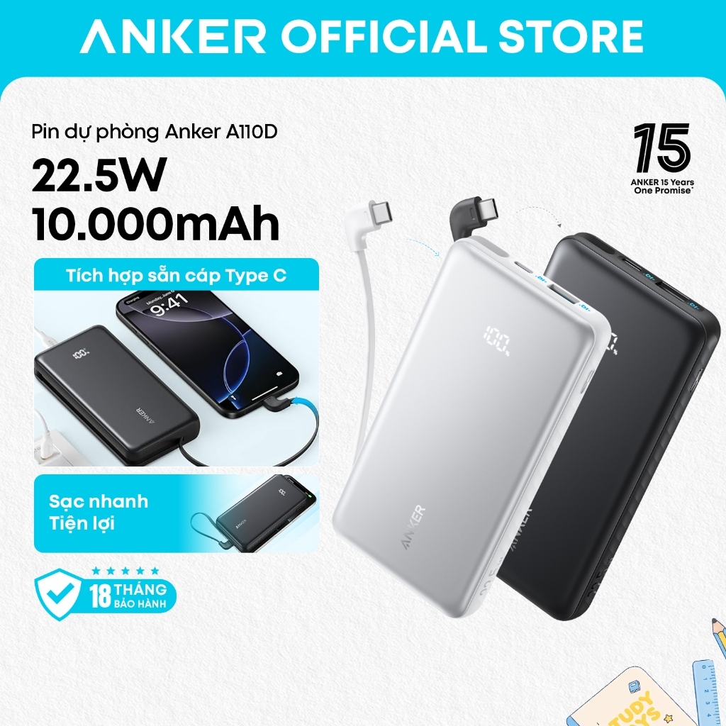 Sạc dự phòng Anker Zolo A110D/A110E 20000mAh, chuẩn 3C Trung Quốc, cáp USB-C tích hợp, sạc nhanh 22.5W | BigBuy360 - bigbuy360.vn