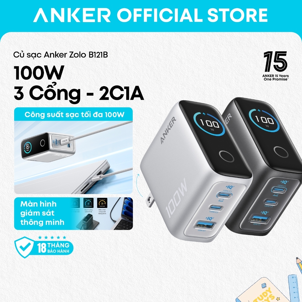 Củ sạc nhanh Anker B121B 100W 3 cổng 2C1A, thiết kế chân gập nhỏ gọn, tích hợp màn hình thông minh, tương thích IP18