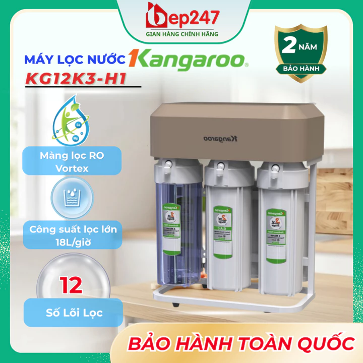 Máy Lọc Nước Kangaroo Hydrogen KG12K3-H1 12 Lõi RO Vortex Tạo Nước Hydrogen Khoáng Gốm Công Suất 18L/H Bình Chứa 7L