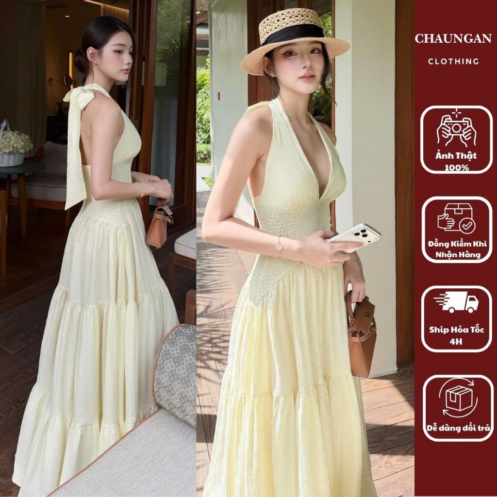 Đầm Maxi Cổ Yếm Thắt Nơ Lưng Dáng Xếp Tầng