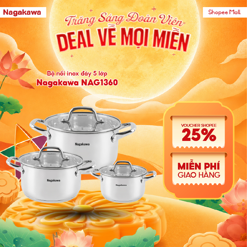 Bộ 3 nồi inox 5 đáy Nagakawa NAG1360 (16cm - 20cm - 24cm), hàng chính hãng, bảo hành 12 tháng