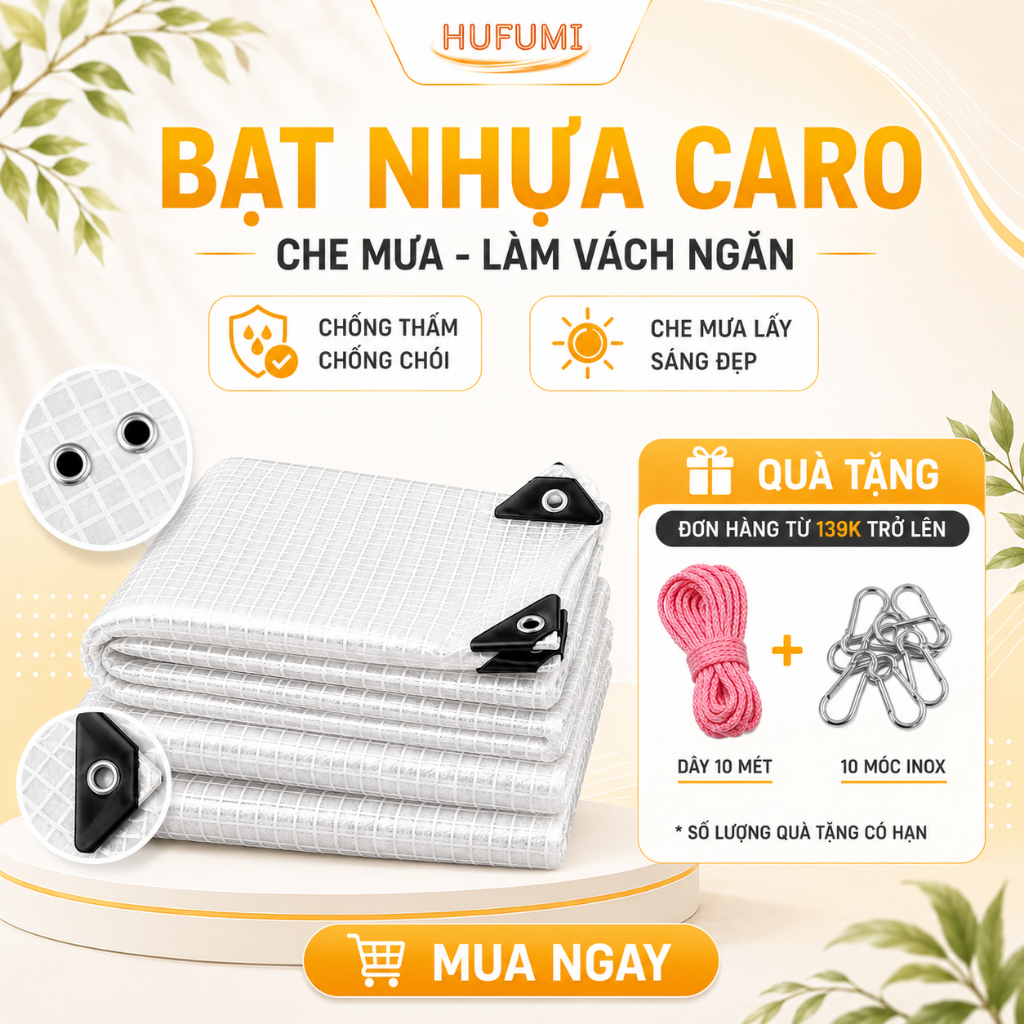 Bạt nhựa lấy sáng HUFUMI bạt lưới caro che mưa ban công sân thượng ngăn mưa gió ngoài trời che giàn cây sân vườn bền đẹp