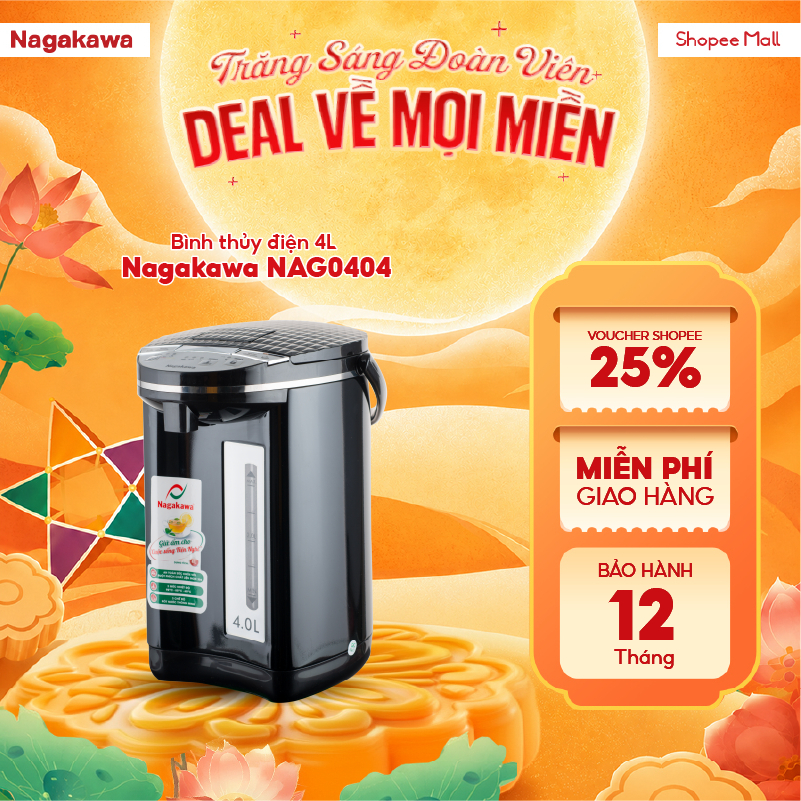 Bình thủy điện Nagakawa 4L 750W đun sôi nước và giữ nhiệt NAG0404, bảo hành 12 tháng