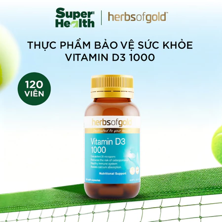 Viên Uống Thuần Chay Vitamin D3 Herbs of Gold 1000 IU Hỗ Trợ Hấp Thu Canxi & Xương Khỏe Mạnh Hộp 120 Viên - Super Health