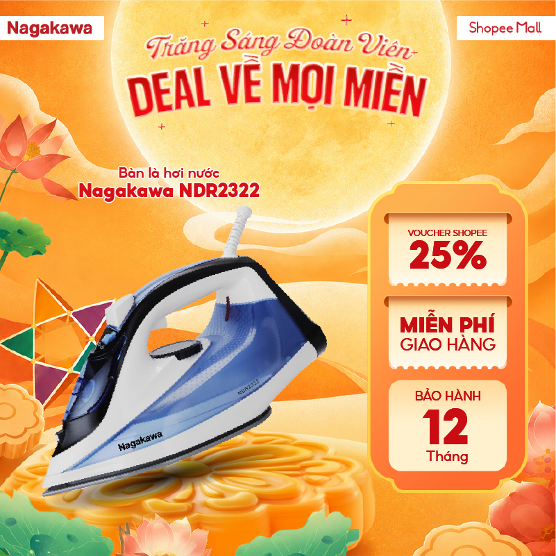 Bàn Là Hơi Nước Nagakawa NAG1505 / NDR2322 1200W Chống Dính Teflon Phun Hơi Mạnh Tự Ngắt An Toàn Bảo Hành 12 Tháng