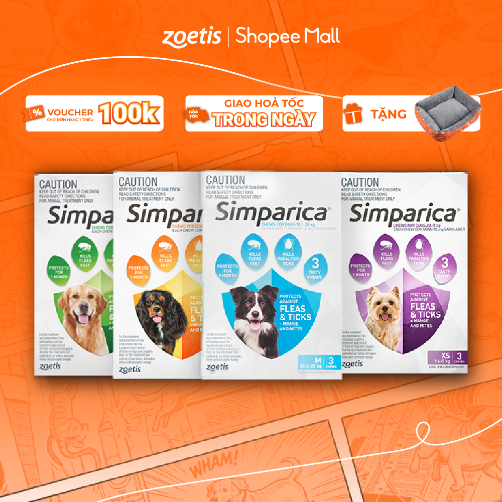Simparica- Viên nhai phòng sạch ve,ghẻ, bọ chét SIMPARICA dành cho chó từ 2.6-40kg (Hộp 3viên)