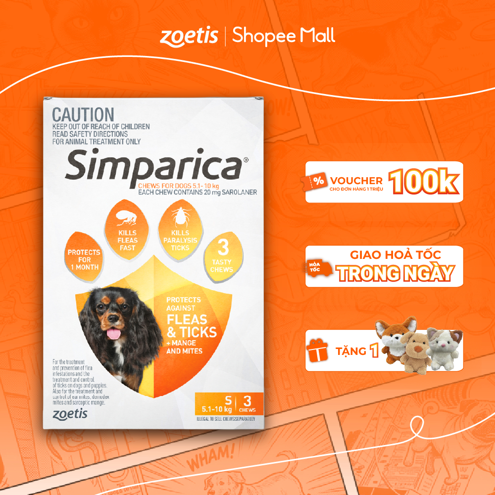 Simparica-Viên nhai phòng ve, ghẻ, bọ chét dành cho chó từ 5.1-10kg size S