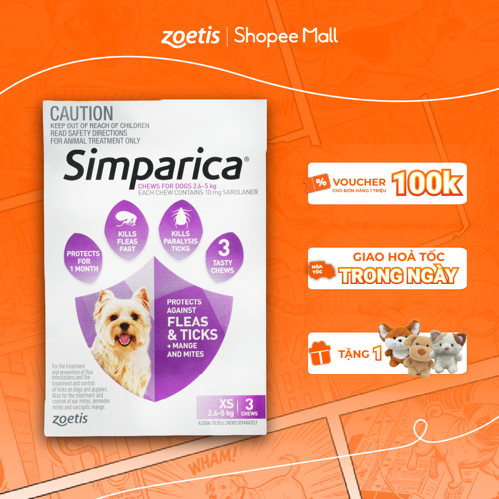 Simparica-Viên nhai phòng ve, ghẻ, bọ chét dành cho chó từ 2.6-5kg size XS