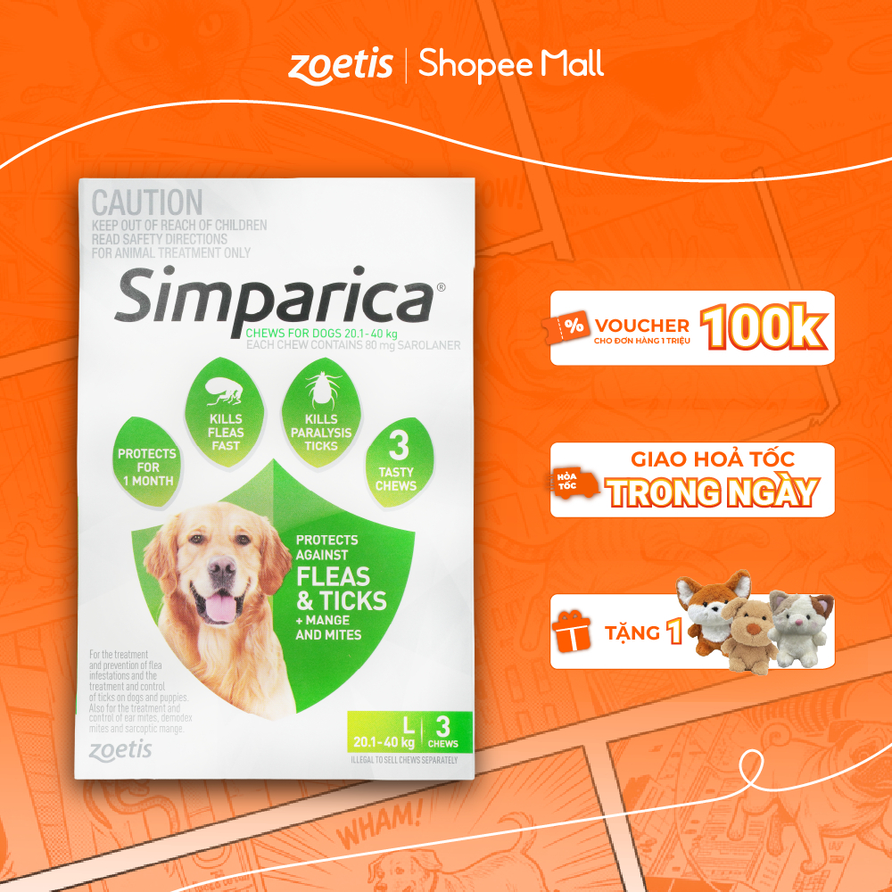 Simparica-Viên nhai phòng ve, ghẻ, bọ chét dành cho chó từ 20.1-40kg size L