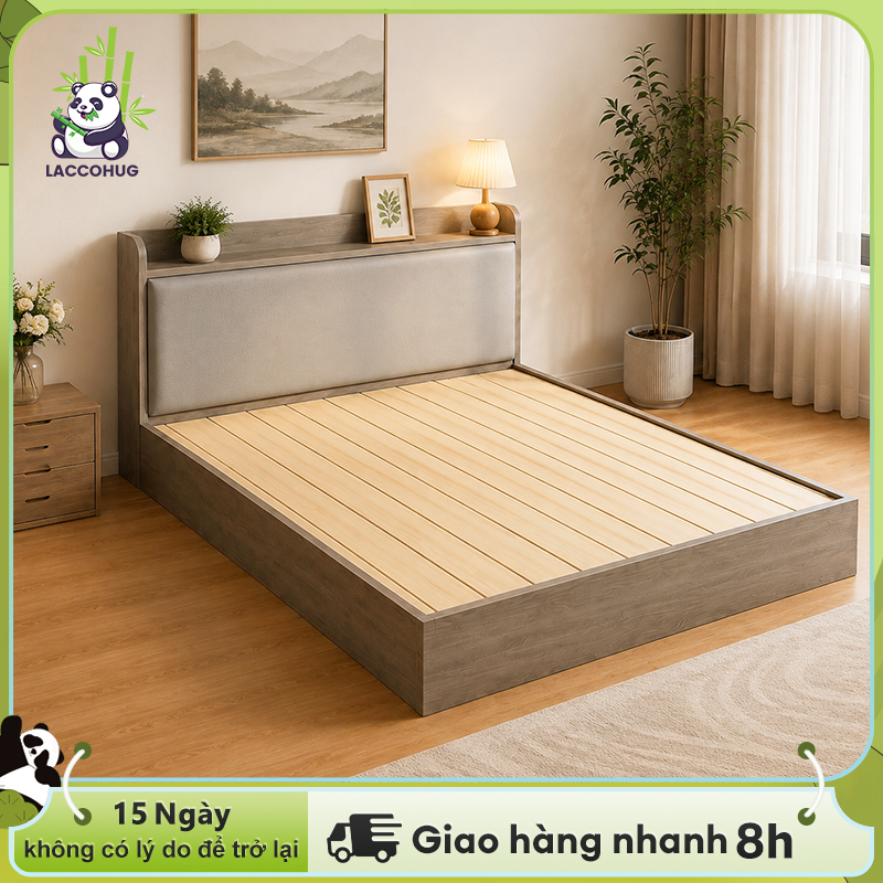 LACCOHUG Giường Ngủ Giường Gỗ Tự Nhiên 1.2m-1.8m Tựa Lưng Bọc Đệm Mềm Cao Cấp Hiện Đại Phòng Ngủ