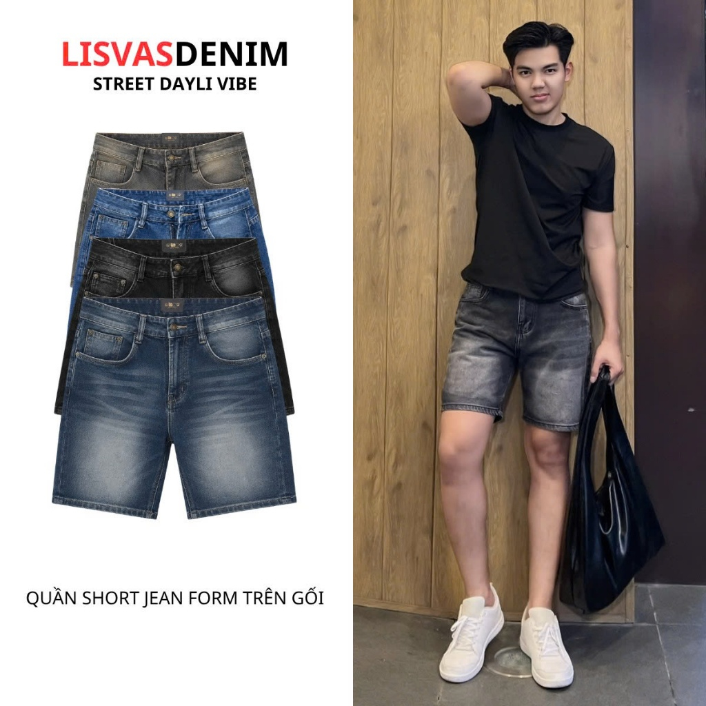 Quần Short Jean Nam Thêu Túi - Form Ống Rộng, Trên Gối - 4 Màu Cơ Bản Wash Thời Trang - Phong Cách Sang Trọng