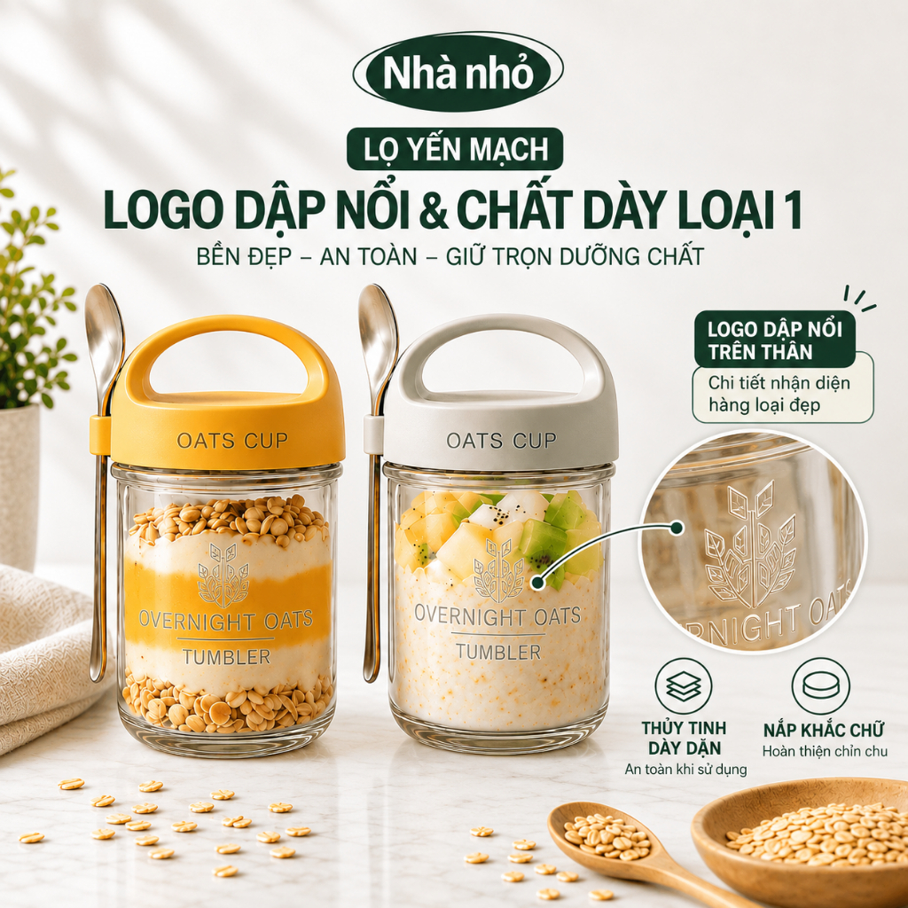 Lọ thủy tinh (loại đẹp) mang đi đựng yến mạch/ đồ ăn sáng/ đồ ăn dặm cho bé kèm muỗng tiện lợi
