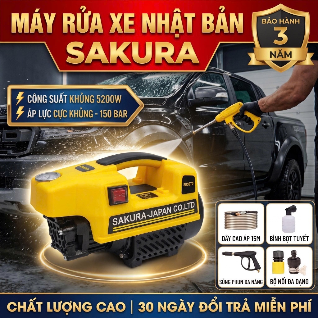 [ BH 3 Năm ] Máy rửa xe, sân vườn Sakura Áp Lực Cao - Động Cơ Từ Lõi đồng 100% - Tặng kèm Bình Tạo Bọt Tuyết