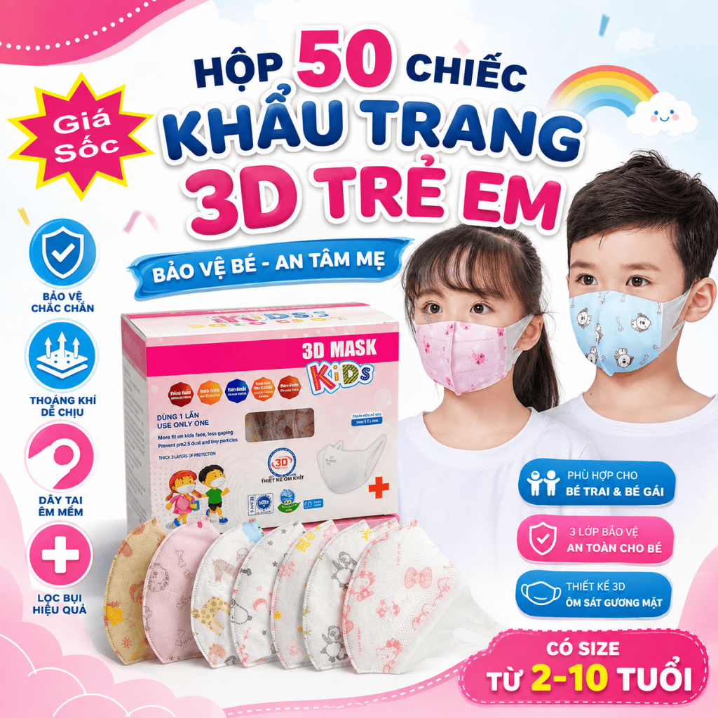 Hộp 50 chiếc khẩu trang 3D mask trẻ em (3D mask cho bé)