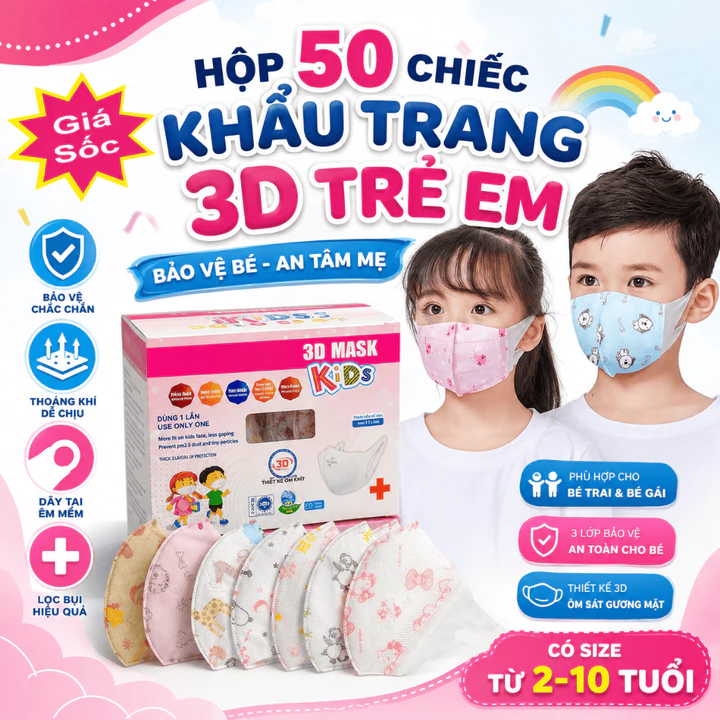 Hộp 50 chiếc khẩu trang 3D mask trẻ em (3D mask cho bé)