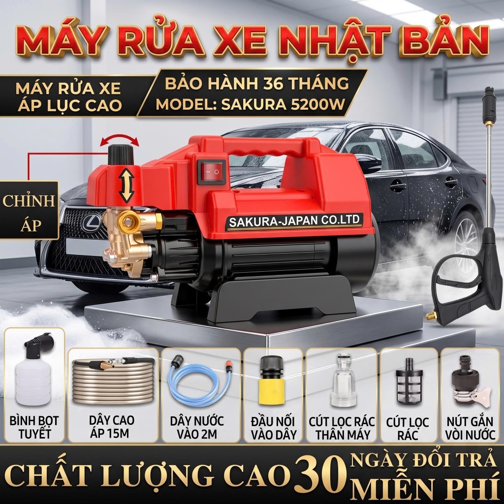 [BH 36 Tháng] Máy xịt rửa xe, sân vườn Sakura Động cơ từ Lõi Đồng Công suất cao - Tặng kèm bình tạo bọt và nối dài