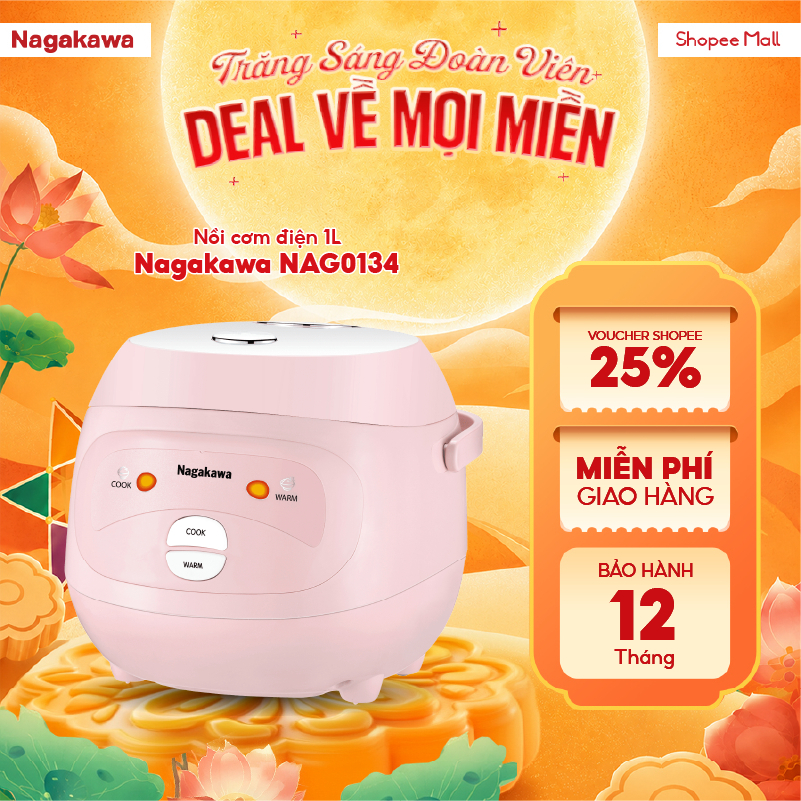 Nồi cơm điện 1L Nagakawa NAG0134 hồng trắng, công suất 400W, 2 chế độ, lòng nồi dạng niêu chống dính, bảo hành 12 tháng