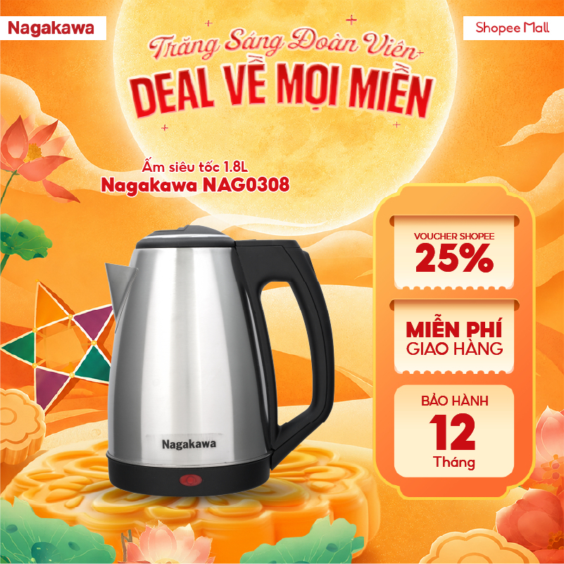 Ấm Siêu Tốc NAGAKAWA NAG0308 1.8l (1.8 Lít)  Bảo Hành 12 Tháng
