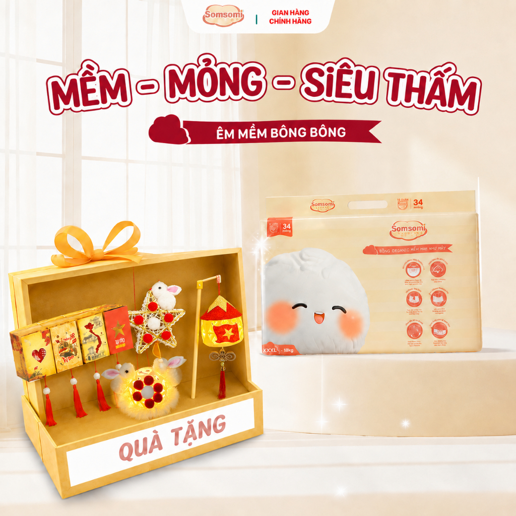[Mua 1 Bịch Tặng Quà] Tã Bỉm Dán/ Quần SOMSOMI Hữu Cơ Cho Bé - Thấm Hút x5 Lần, Chống Tràn 12h, Mềm Mịn An Toàn Cho Bé