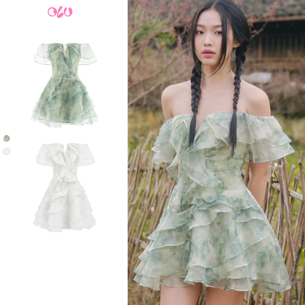 Đầm OLV trễ vai xanh ngọc voan hoa phối bèo dáng xòe Ianthe thanh lịch nữ tính đi chơi mùa hè