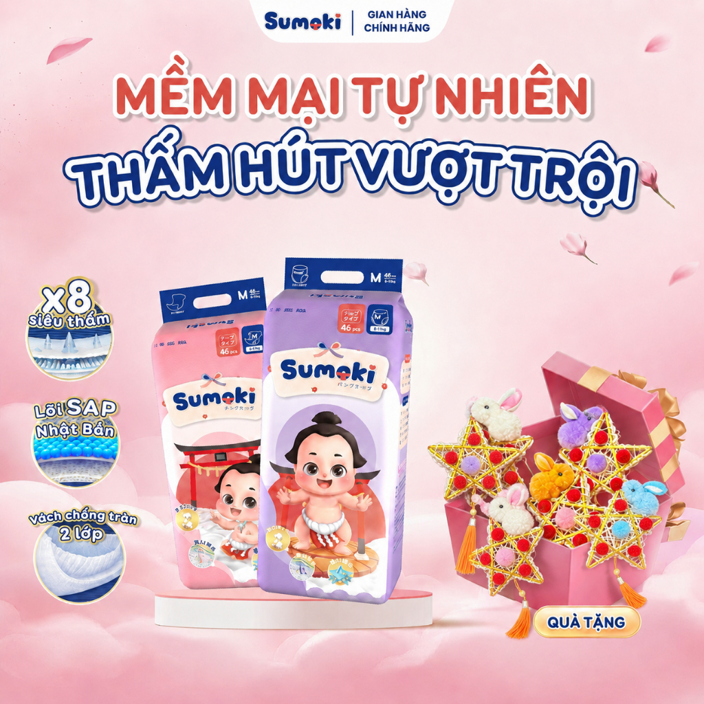 [MUA 2 TẶNG 1 QUÀ] COMBO 2 BỊCH Tã Bỉm Dán/Quần SUMOKI Nhật Bản Mềm Mại, Mỏng Nhẹ, Đủ Size