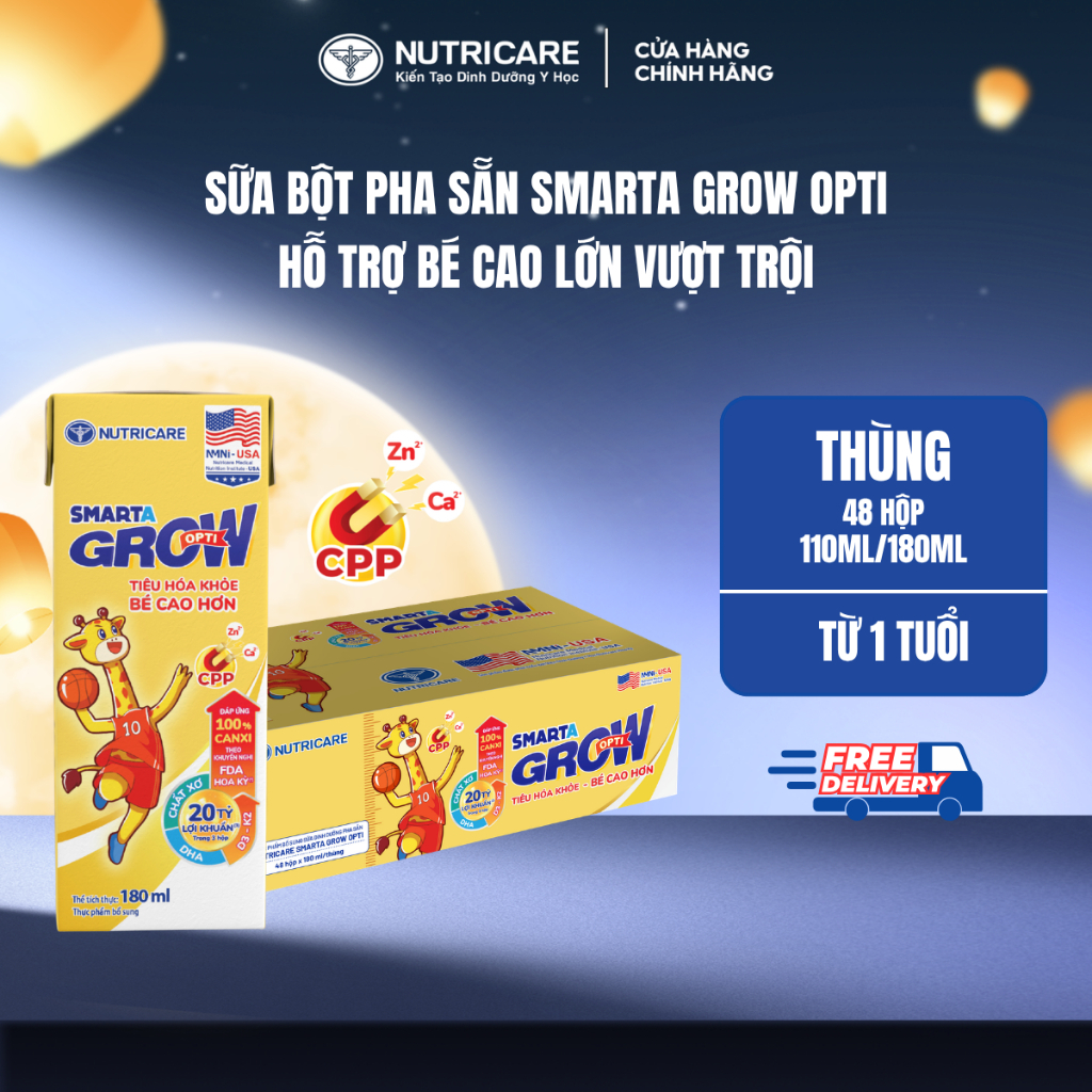 Thùng 48 Hộp Sữa Bột Pha Sẵn SMARTA GROW OPTI Nutricare Tăng Chiều Cao Cân Nặng Hỗ Trợ Tiêu Hoá Cho Bé Từ 1 Tuổi