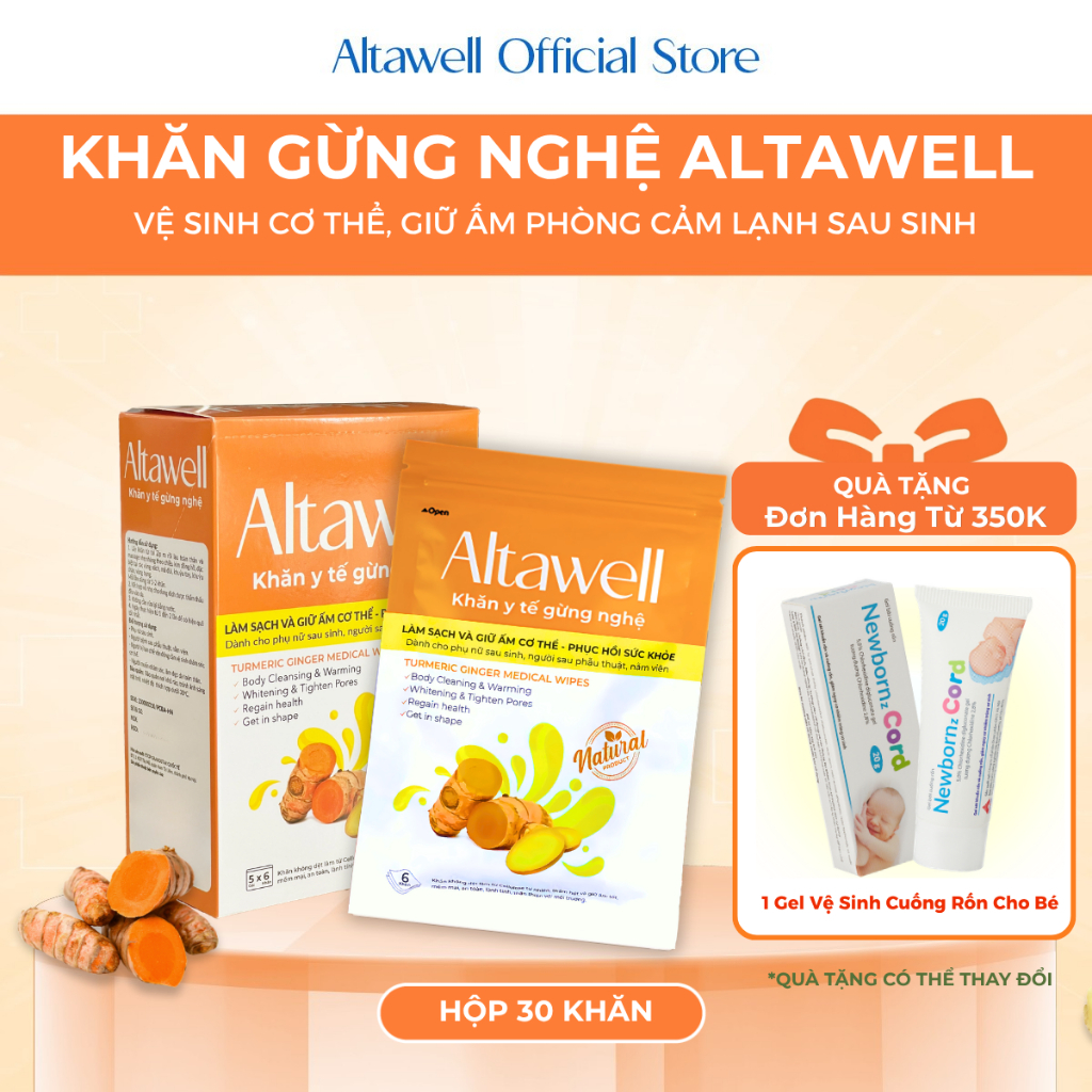 Khăn Y Tế Gừng Nghệ Altawell - Hỗ Trợ Làm Sạch Khử Mùi Sáng Da Giữ Ấm, Dùng Được Cho Mẹ Bầu, Mẹ Sau Sinh