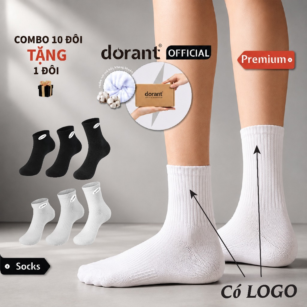 Combo 5,10 đôi tất thể thao trắng đen thể thao, vớ nam nữ trơn cotton dệt kim, thấm hút mồ hôi ngăn mùi DORANT studio