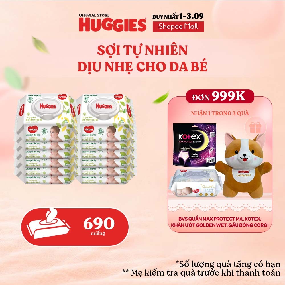 Thùng 12 gói khăn ướt Huggies không mùi cao cấp, lau sạch dịu nhẹ cho bé (80 miếng/gói)