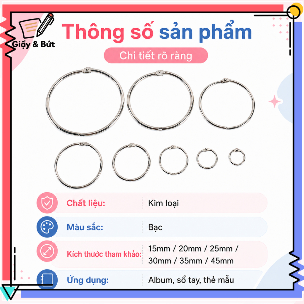 Vòng Khoen Kim Loại Đóng Sổ Rời 10/20 Cái, Khoen Mở Được Cho Album Sổ Tay Thẻ Học DIY Nhiều Size | BigBuy360 - bigbuy360.vn