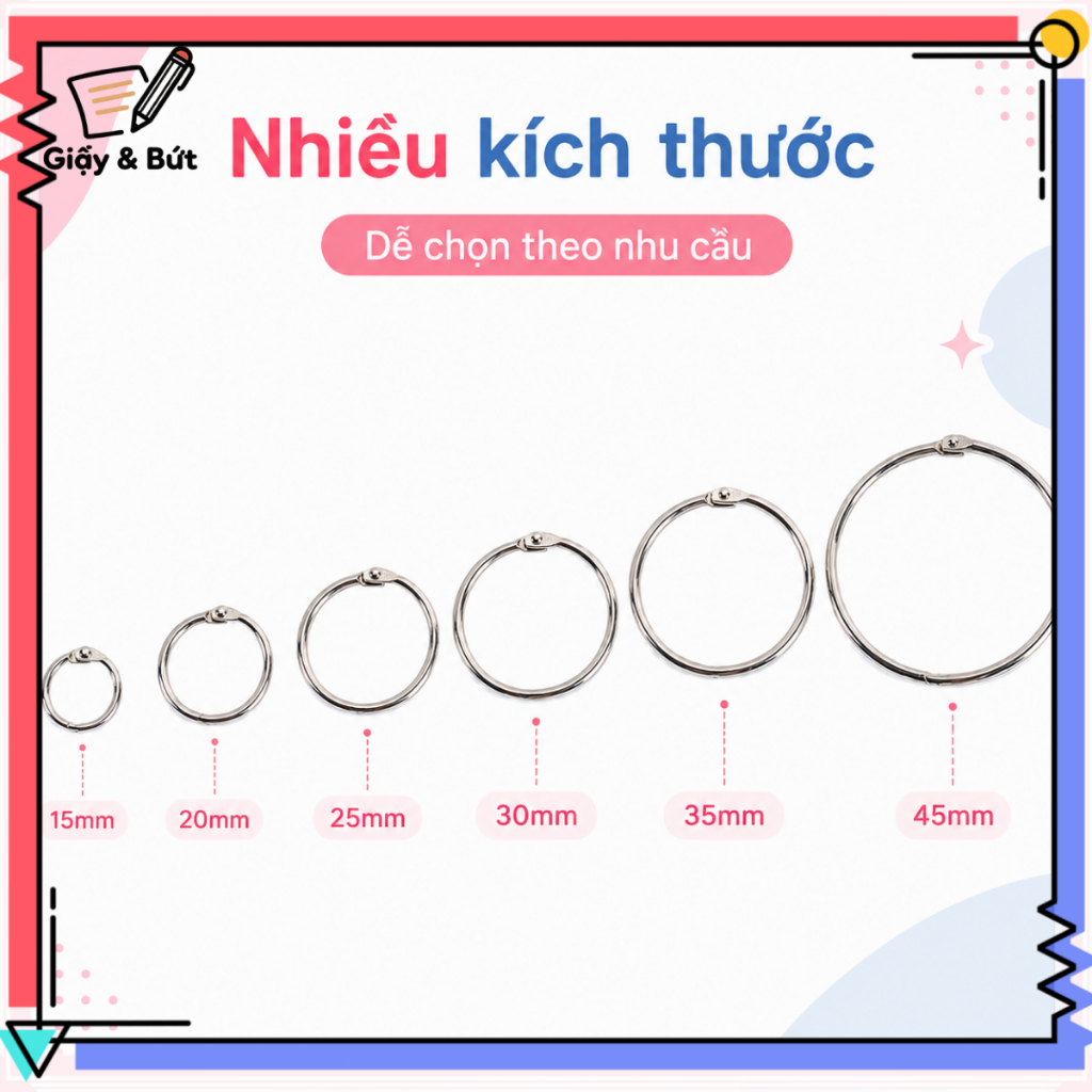 Vòng Khoen Kim Loại Đóng Sổ Rời 10/20 Cái, Khoen Mở Được Cho Album Sổ Tay Thẻ Học DIY Nhiều Size | BigBuy360 - bigbuy360.vn