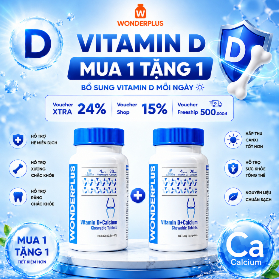 [Mua 1 Tặng 1] Viên Nhai Bổ Sung Canxi & Vitamin Wonderplus Giảm Đau Nhức Xương Khớp Giúp Xương Chắc Khoẻ Hộp 60 Viên