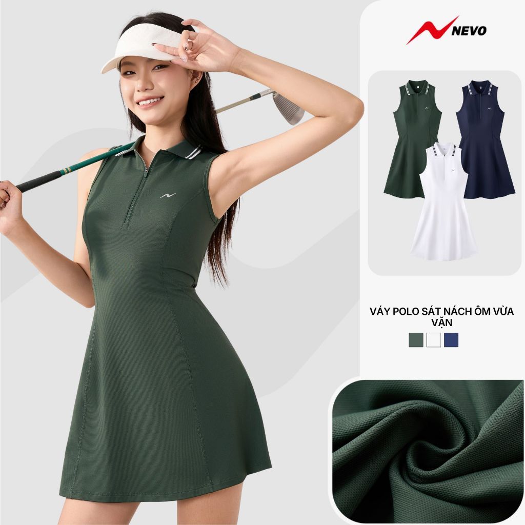 Váy Thể Thao Nữ NEVO Dáng Xòe Cổ Yếm Khoét Vai Cổ Zip Tập Tennis/Golf/Picklebal WBDR26S003
