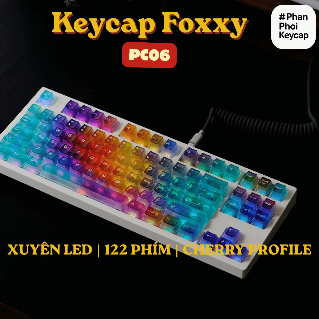 PC 06 | Keycap trong suốt Foxxy | Xuyên led | PC | 122 nút bàn phím cơ | cherry profile | BigBuy360 - bigbuy360.vn